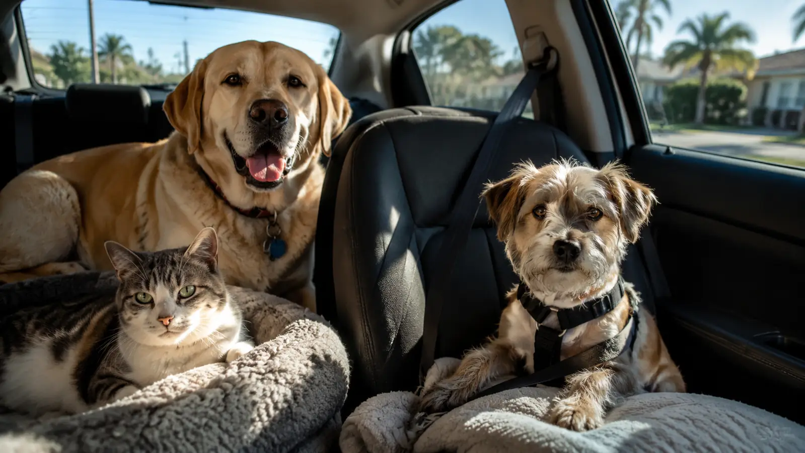 A small dog resting calmly inside a car during a car ride, sunlight coming through the window
