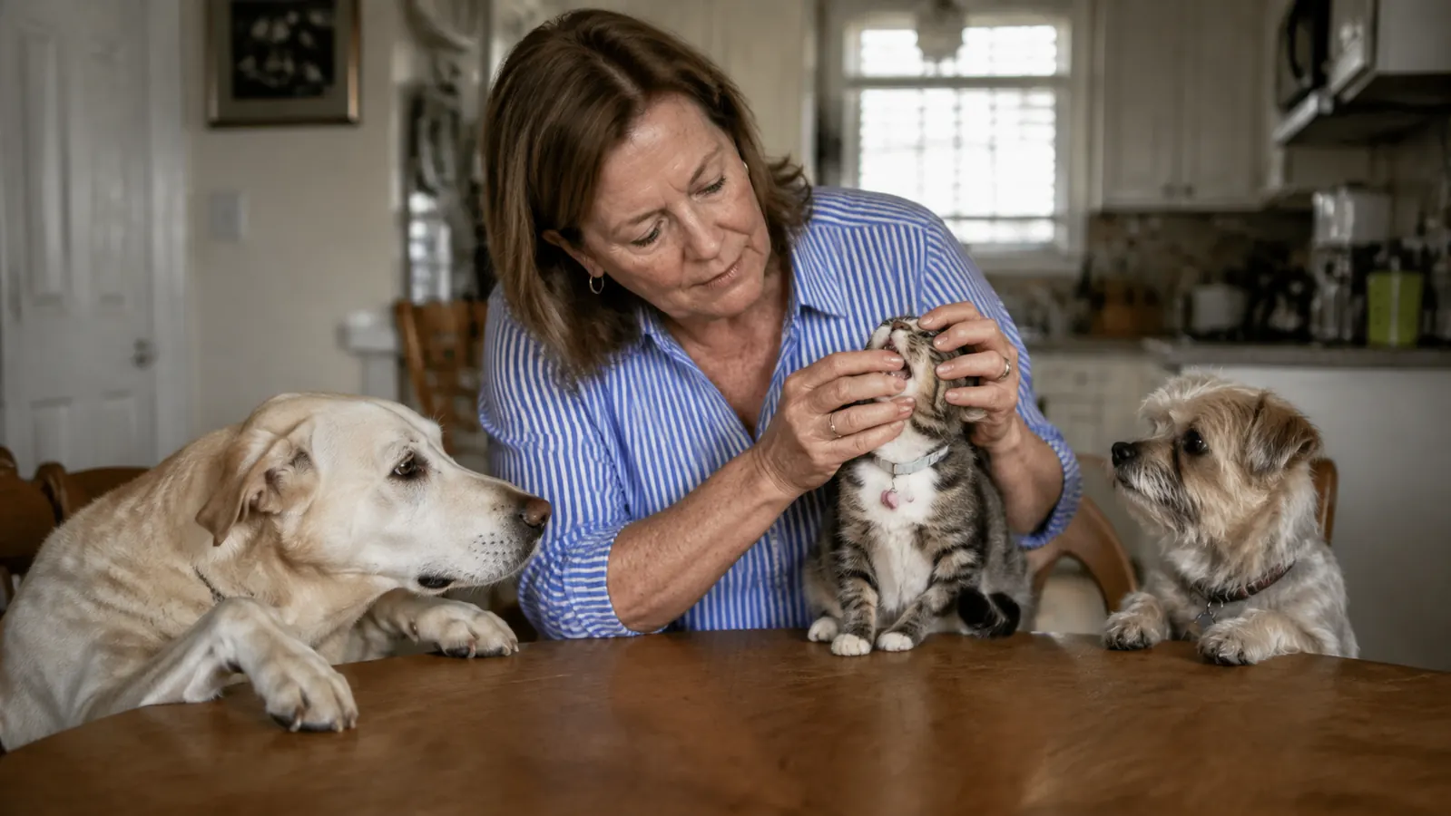 A cat owner checking her cat's teeth by gently lifting its lip during a home dental routine