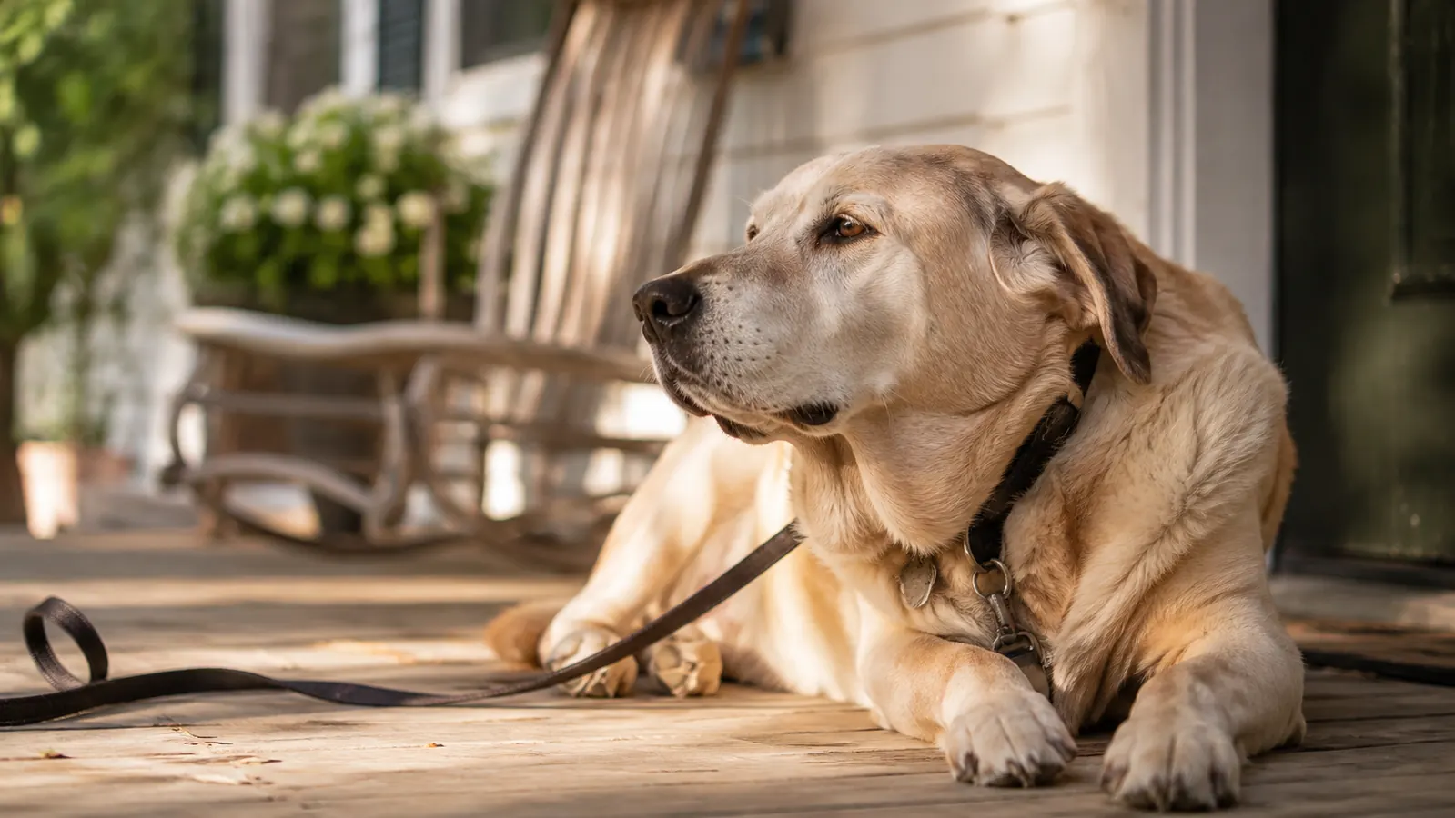 A senior dog resting comfortably on a sunlit porch after breakfast