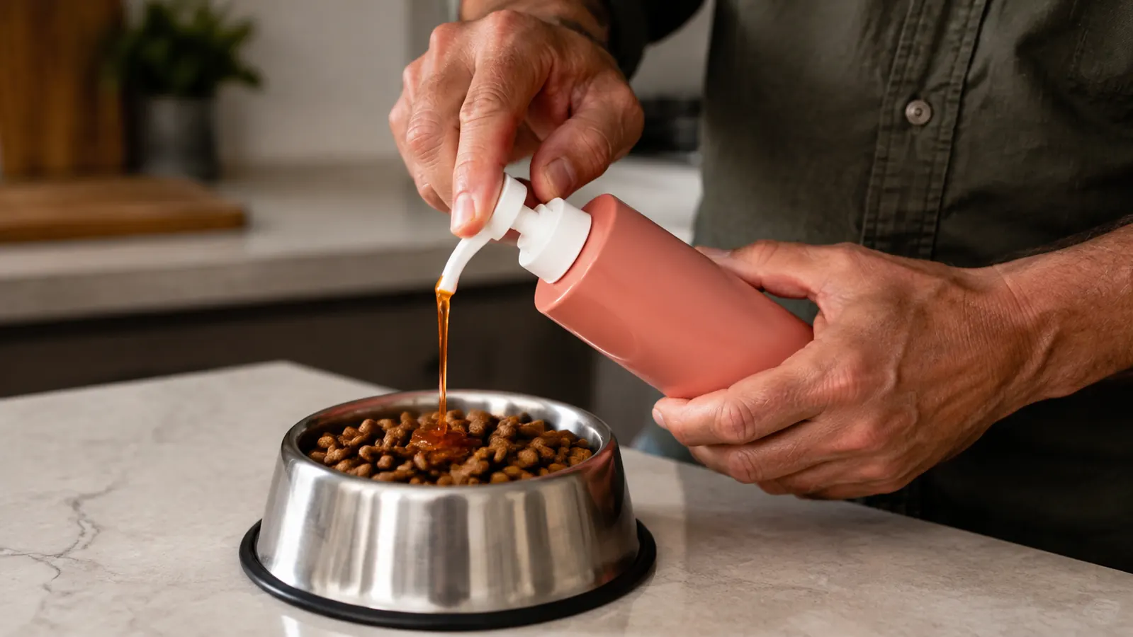 A hand pumping salmon oil from the bottle onto kibble in a stainless steel bowl