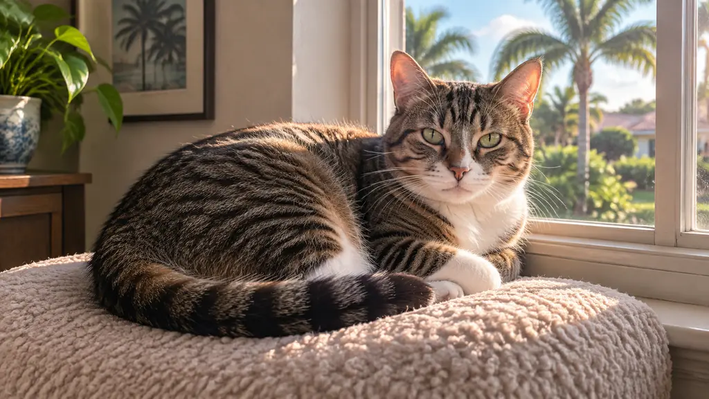An indoor cat resting contentedly on a sunlit windowsill in the afternoon