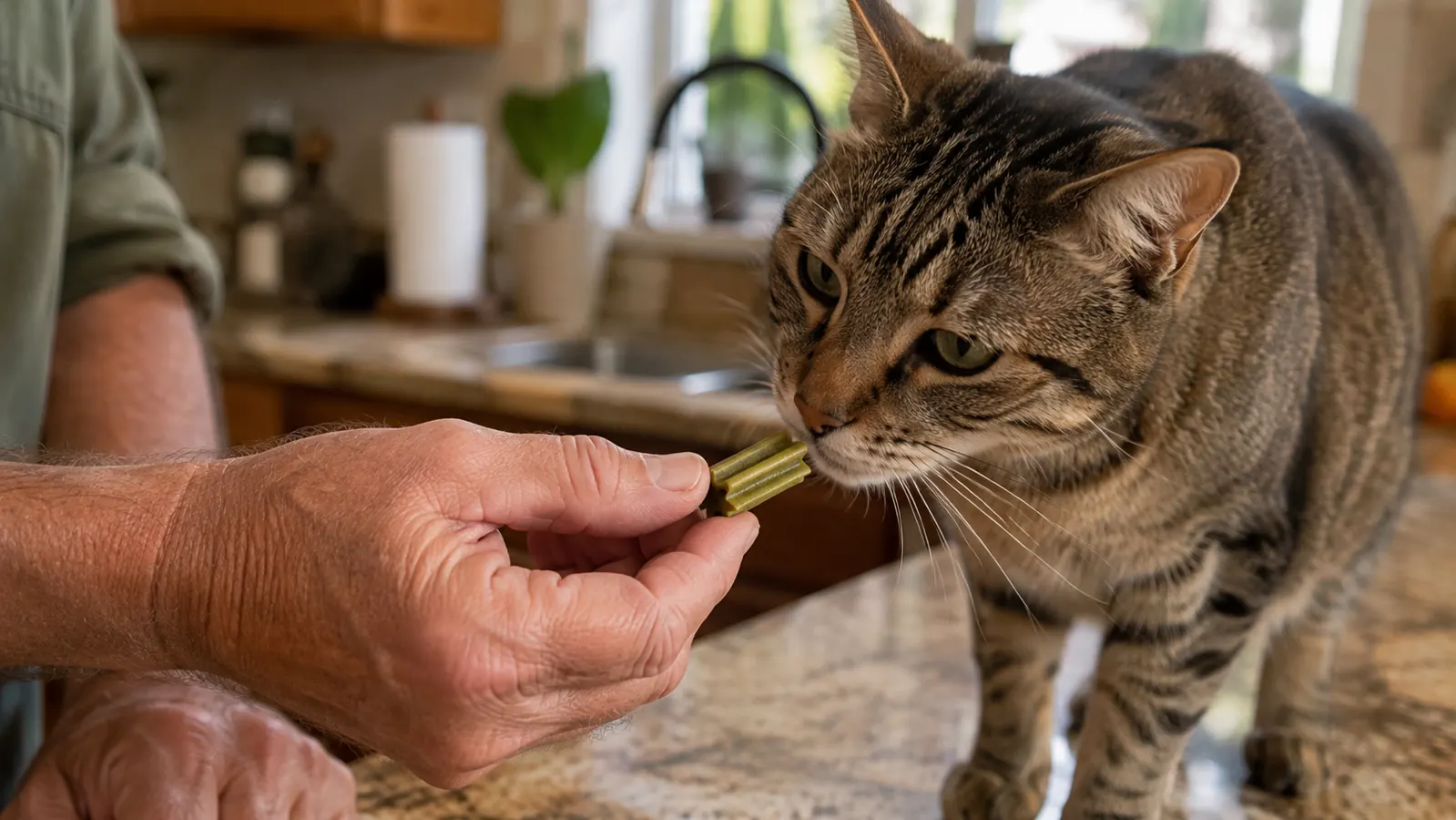 A hand holding a small dental treat out toward a cat leaning forward to sniff it.