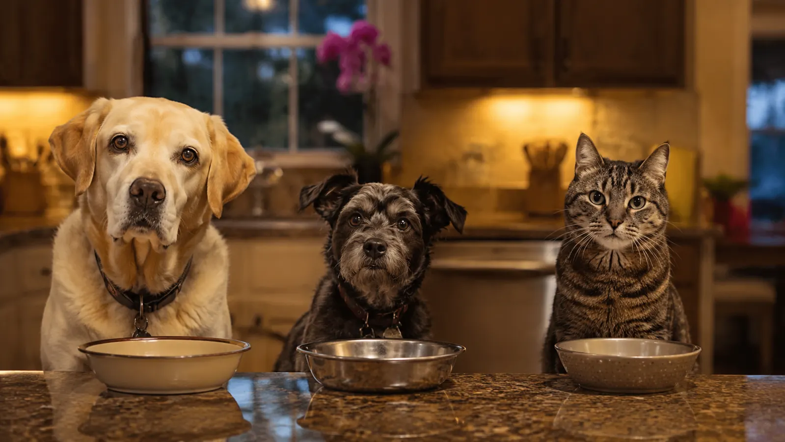 A cat waiting attentively by its empty bowl in the kitchen during evening treat time.