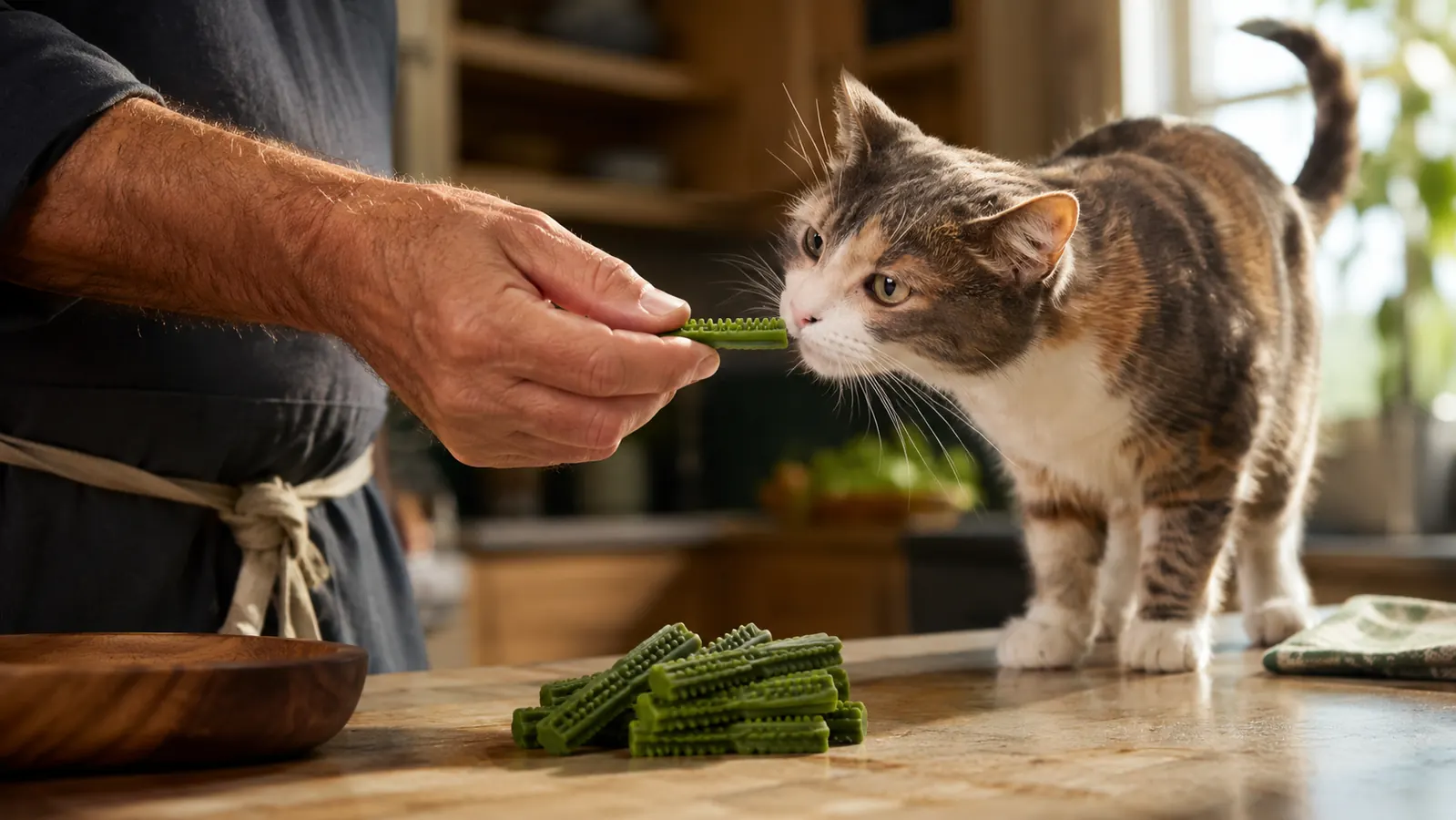 A hand offering a dental treat to a cat leaning in to sniff it on a kitchen counter