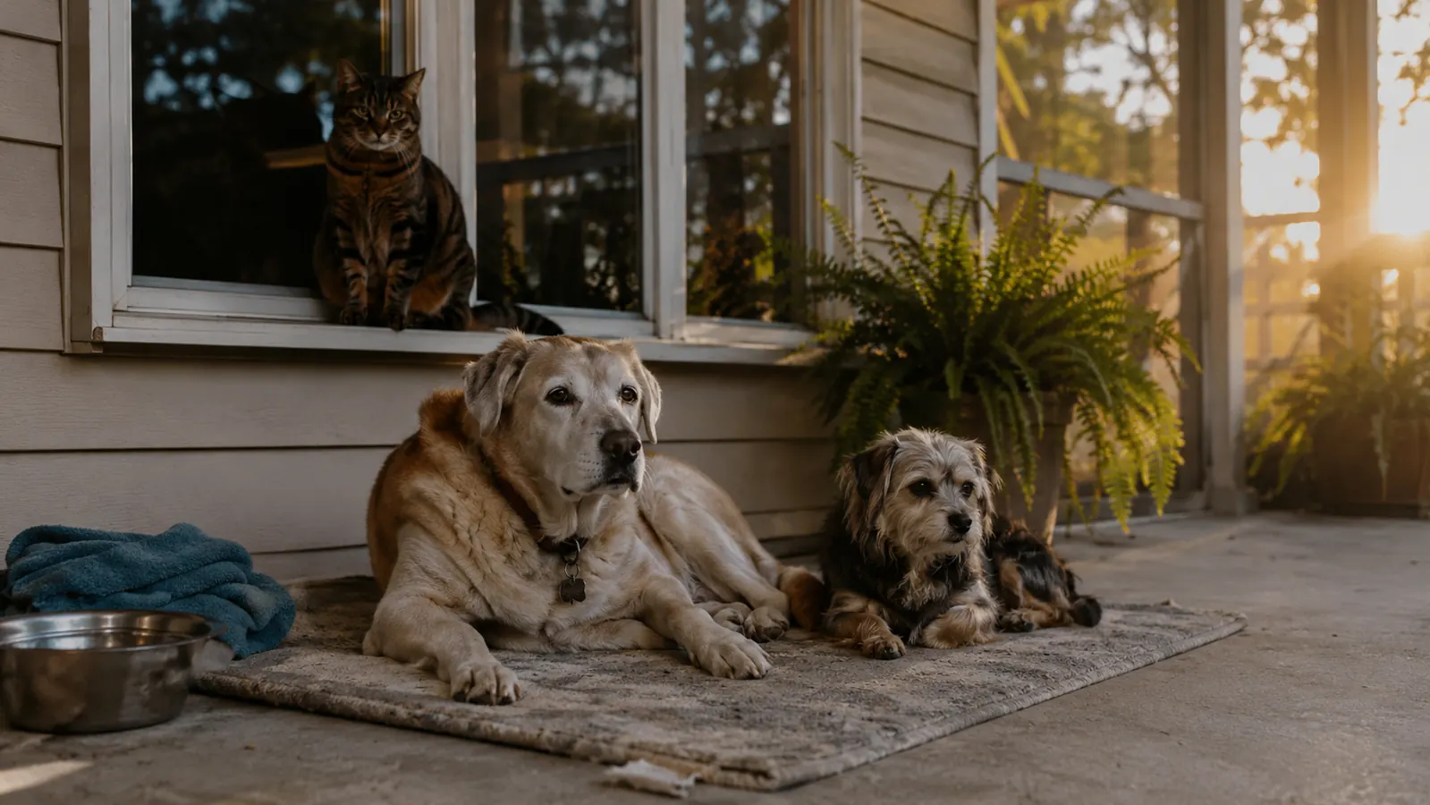 A senior Labrador mix settled on a worn rug on a shaded porch at golden hour, a small terrier mix curled beside him and a tabby cat on the windowsill behind them