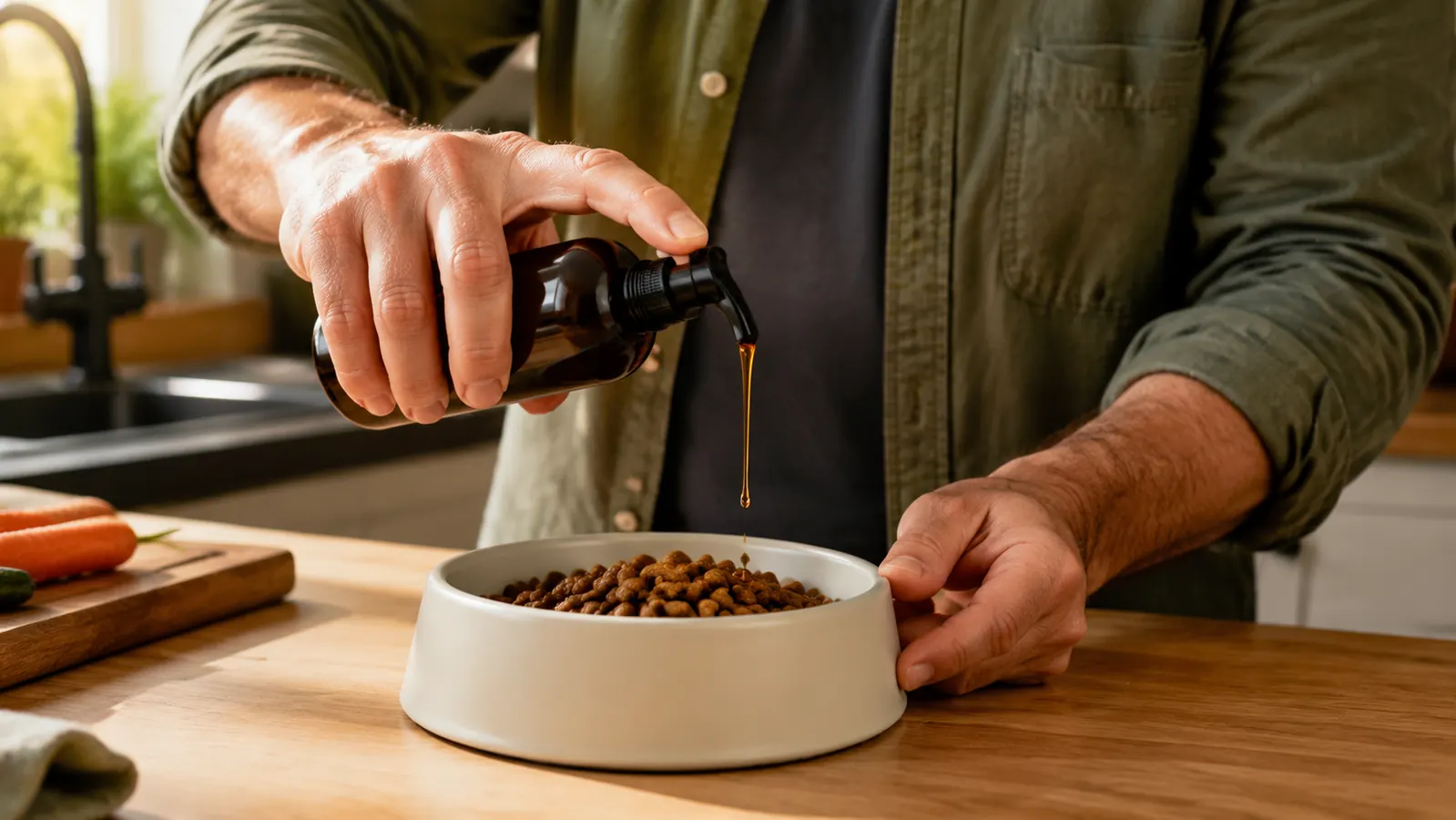 A hand pumping salmon oil onto kibble in a stainless steel dog bowl