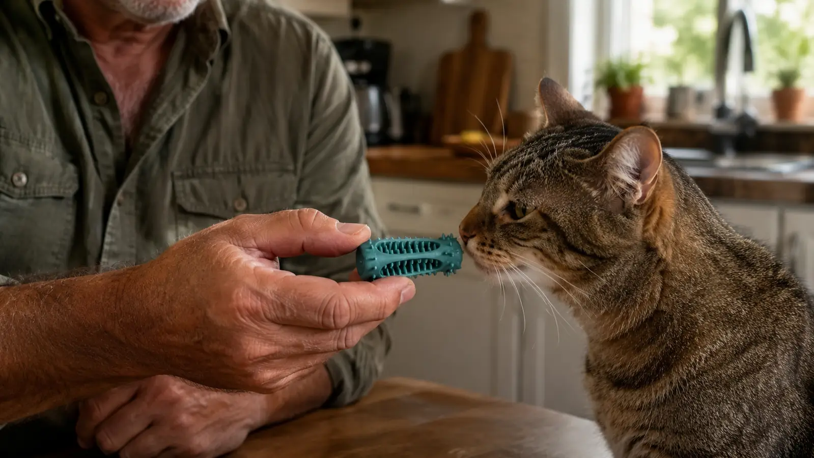 Close-up of a hand offering a dental treat to a cat on a kitchen counter