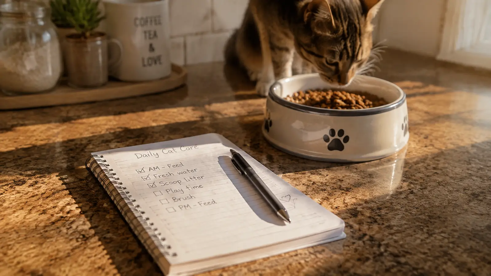 A daily routine notebook and a cat's food bowl on a kitchen counter in the morning