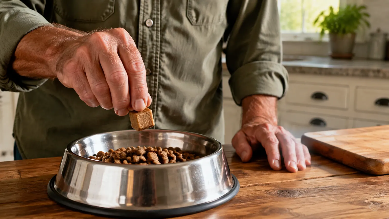 A hand placing a soft chew into a dog's kibble bowl before dinner