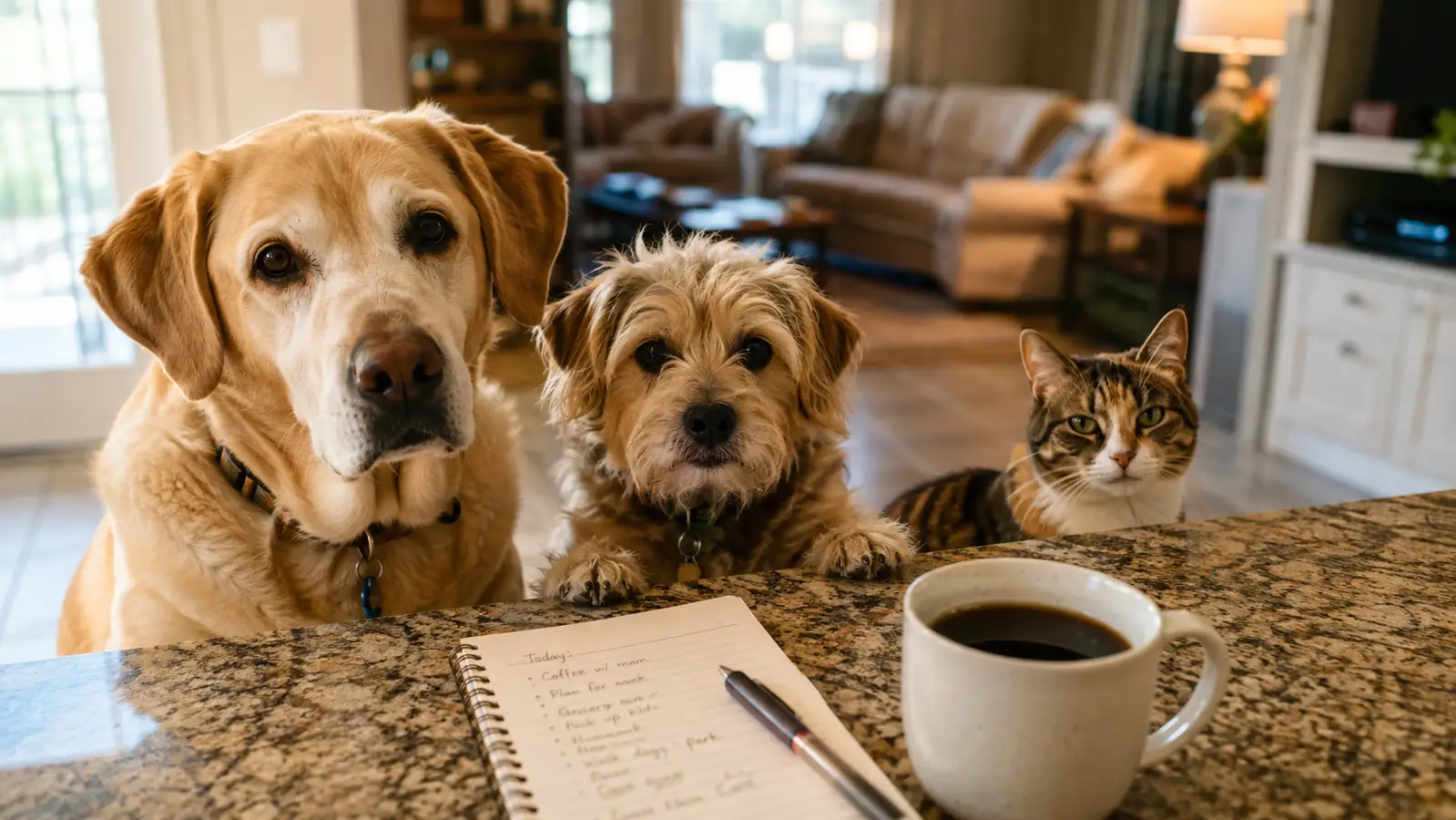 A handwritten notebook tracking a dog's digestion notes on a kitchen counter