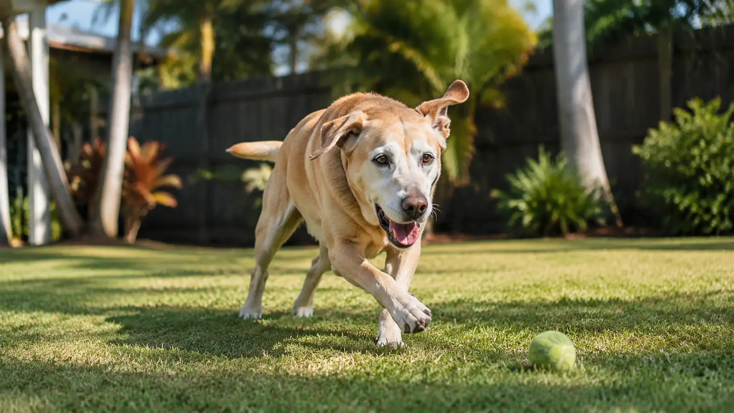 Senior Labrador mix dog running after a tennis ball in a sunny backyard