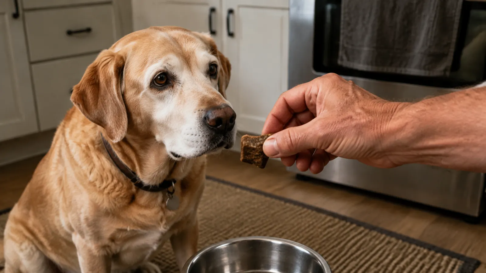 A hand offering a hip and joint chew to a senior Labrador mix beside a stainless steel food bowl