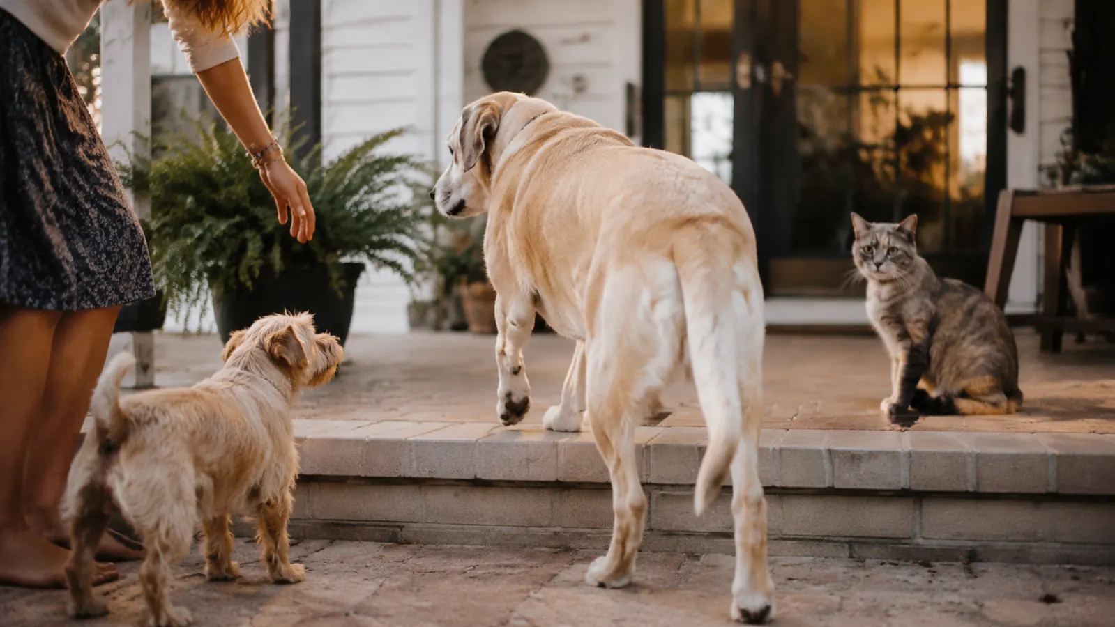 A senior Labrador mix climbing porch steps at dusk with an older person nearby