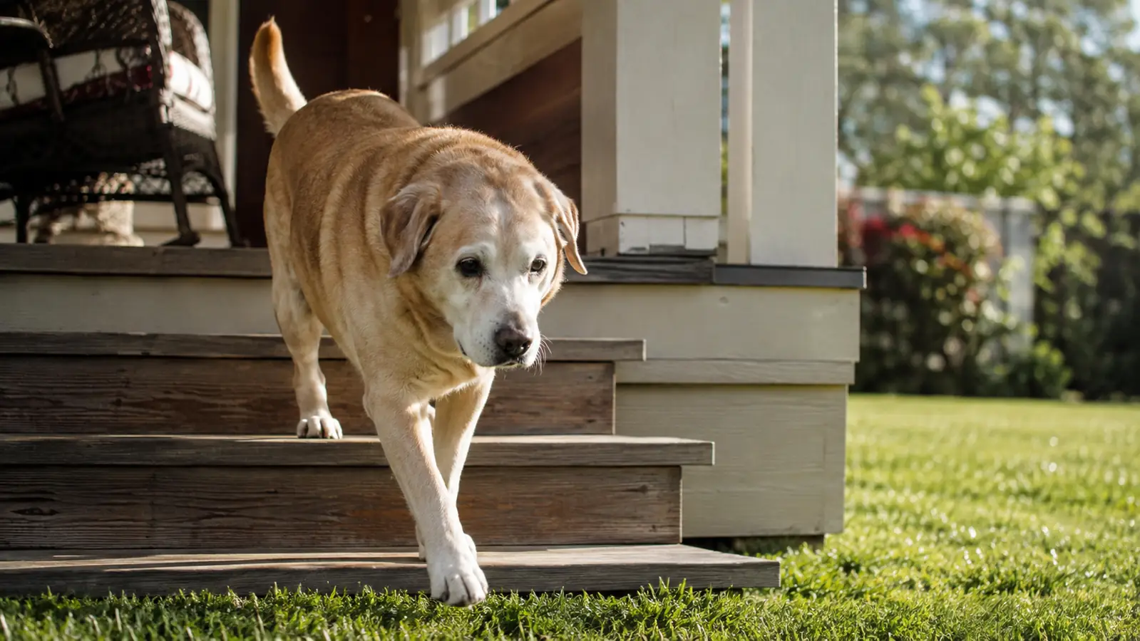 A senior Labrador mix walking down porch steps without hesitating