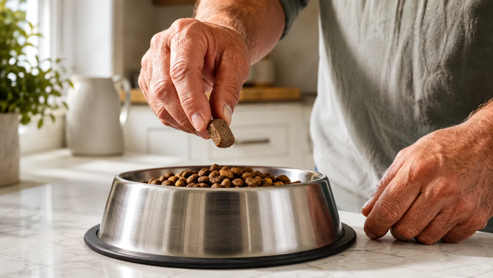 A hand placing a soft probiotic chew into a stainless steel dog bowl on top of kibble