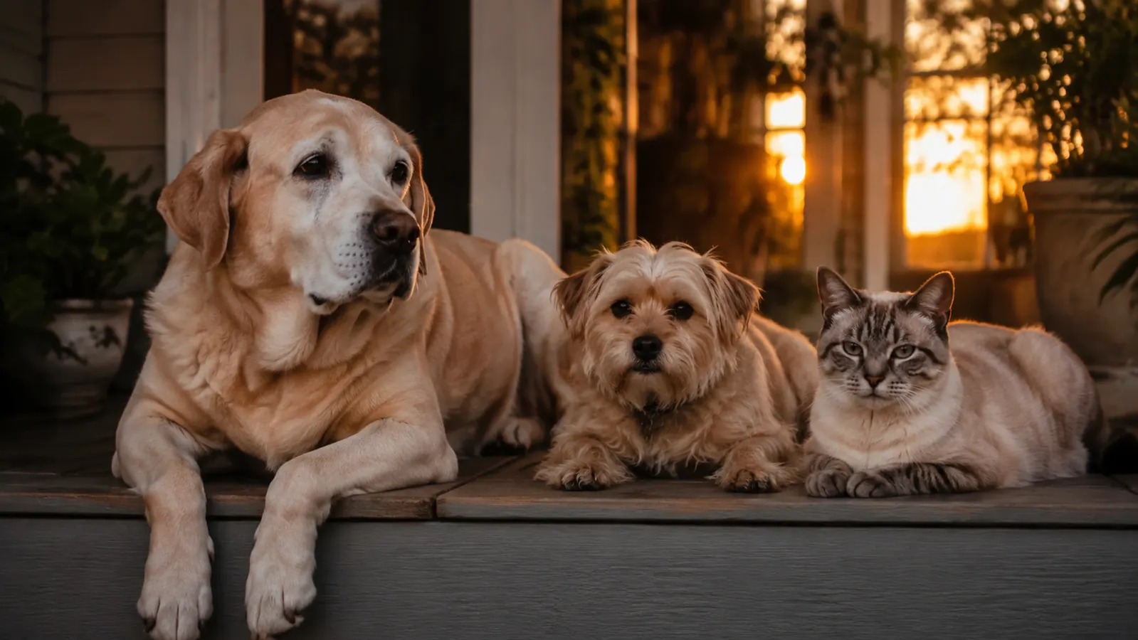 A senior dog resting comfortably on a porch in the evening after a calm day
