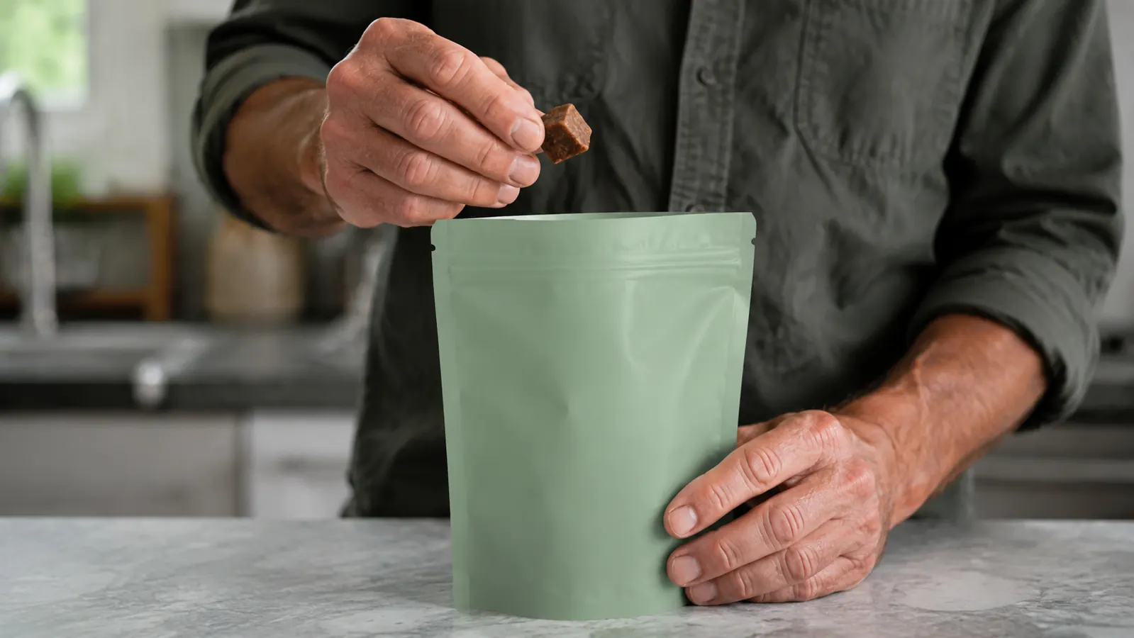 A hand holding a soft chew treat over an open resealable pouch on a kitchen counter