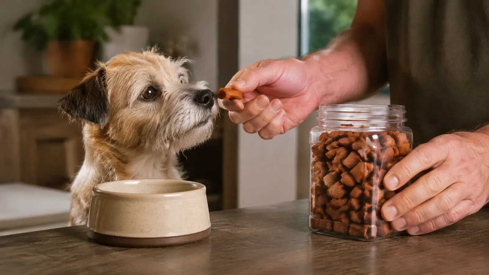 A hand holding a soft chew treat next to a stainless steel dog bowl in a kitchen