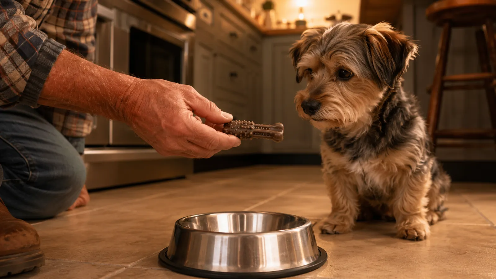 A hand offering a chicken flavored calming chew to a small terrier mix dog next to its food bowl in a kitchen