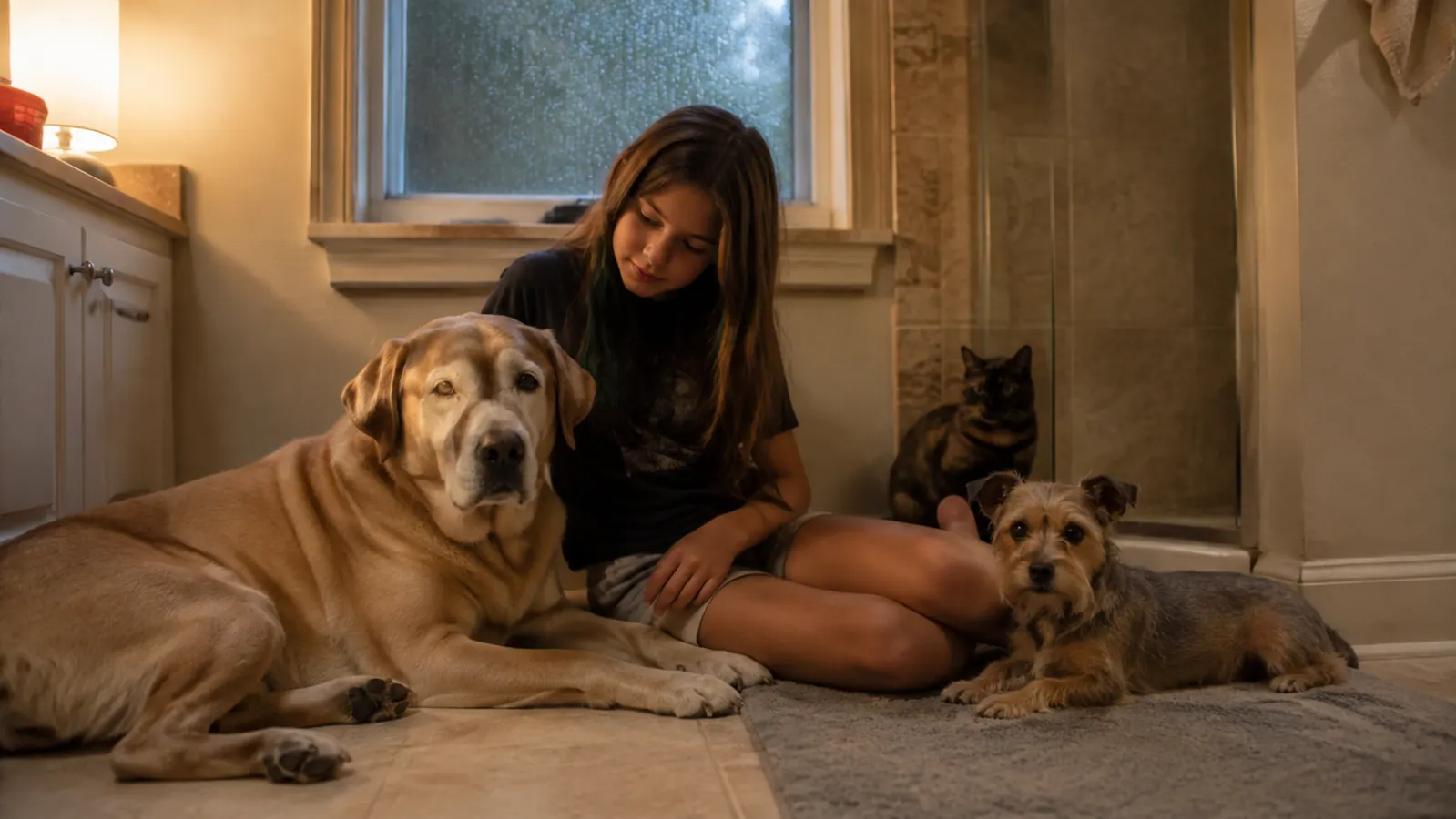 A small dog lying calmly on a bathroom floor near a person's feet during an evening storm