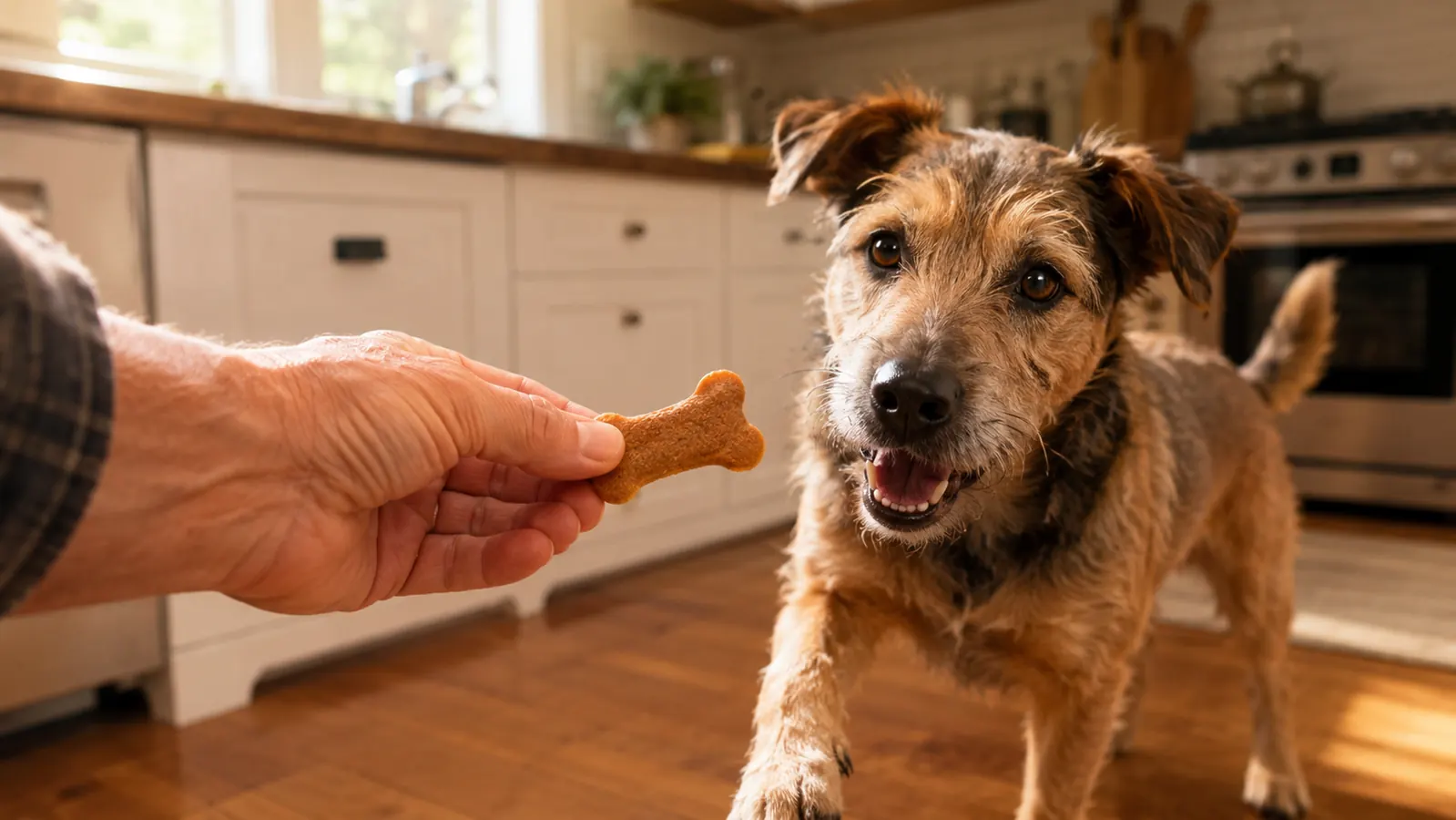 A hand offering a soft chew treat to a terrier mix dog standing beside a kitchen counter