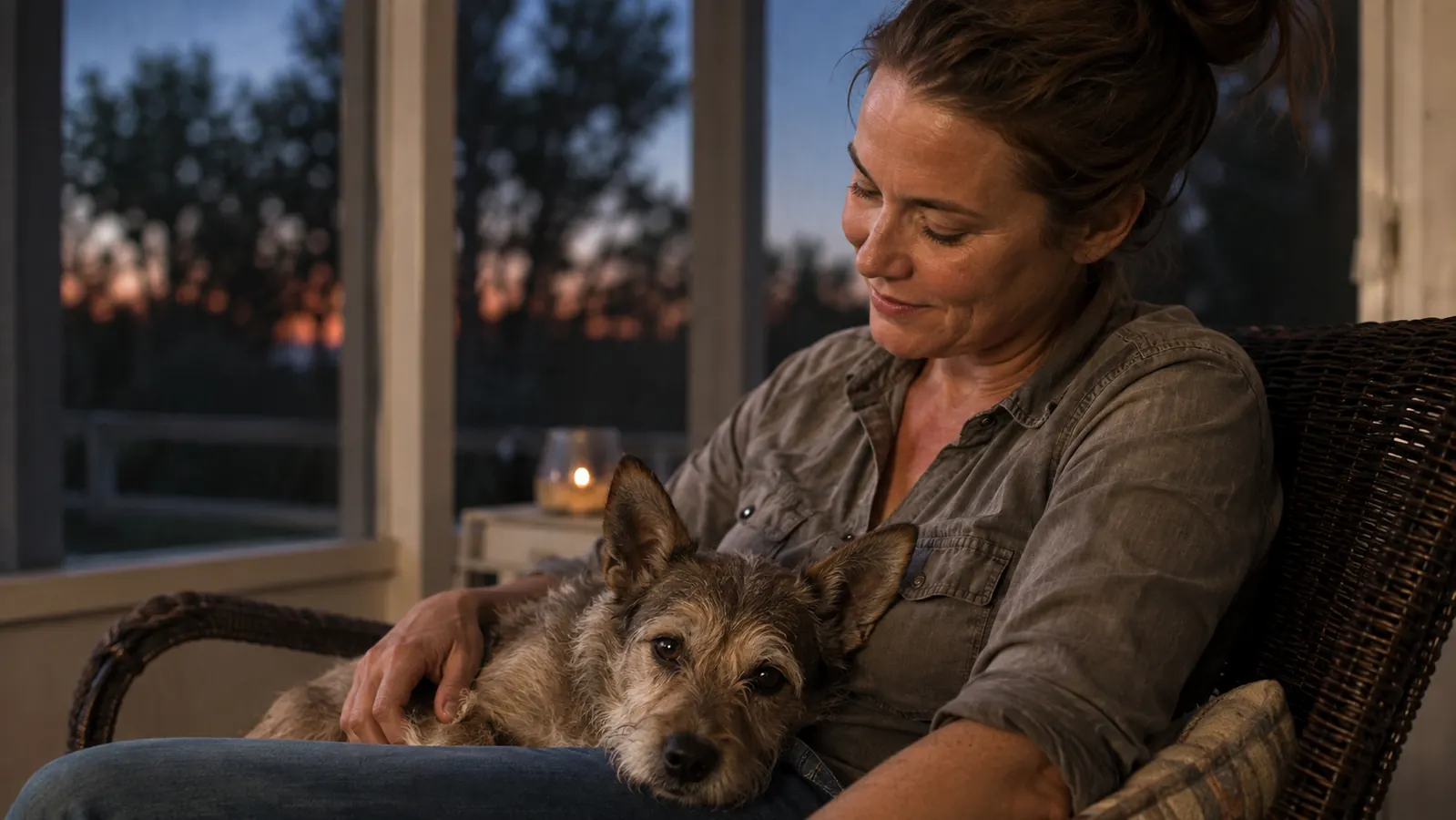 A dog resting with its head on its owner's lap on a porch as dusk settles in