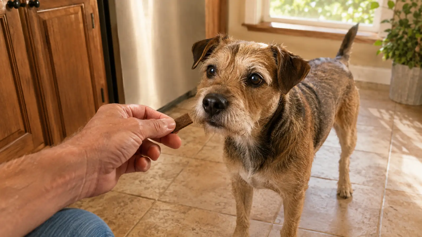 A hand offering a calming chew to a small dog in a kitchen