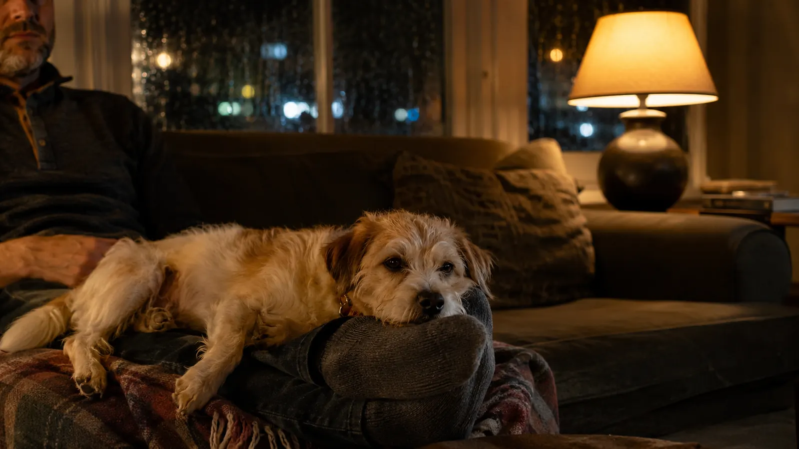 A dog lying quietly on the floor beside its owner's feet during an evening thunderstorm, lamp light on