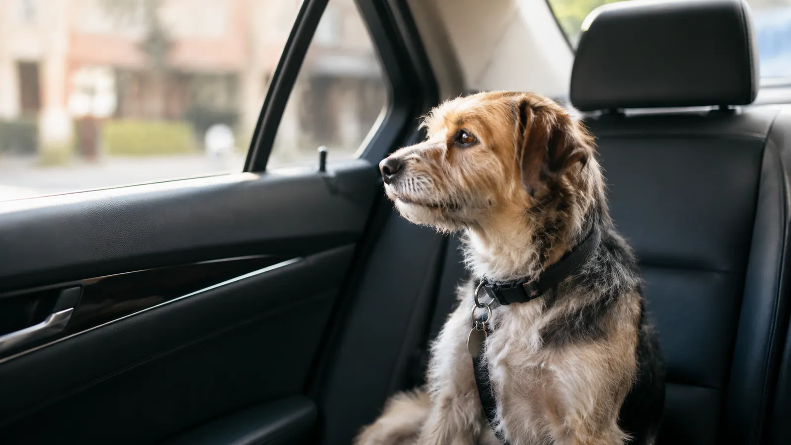 A small dog sitting calmly in the back seat of a car looking out the window