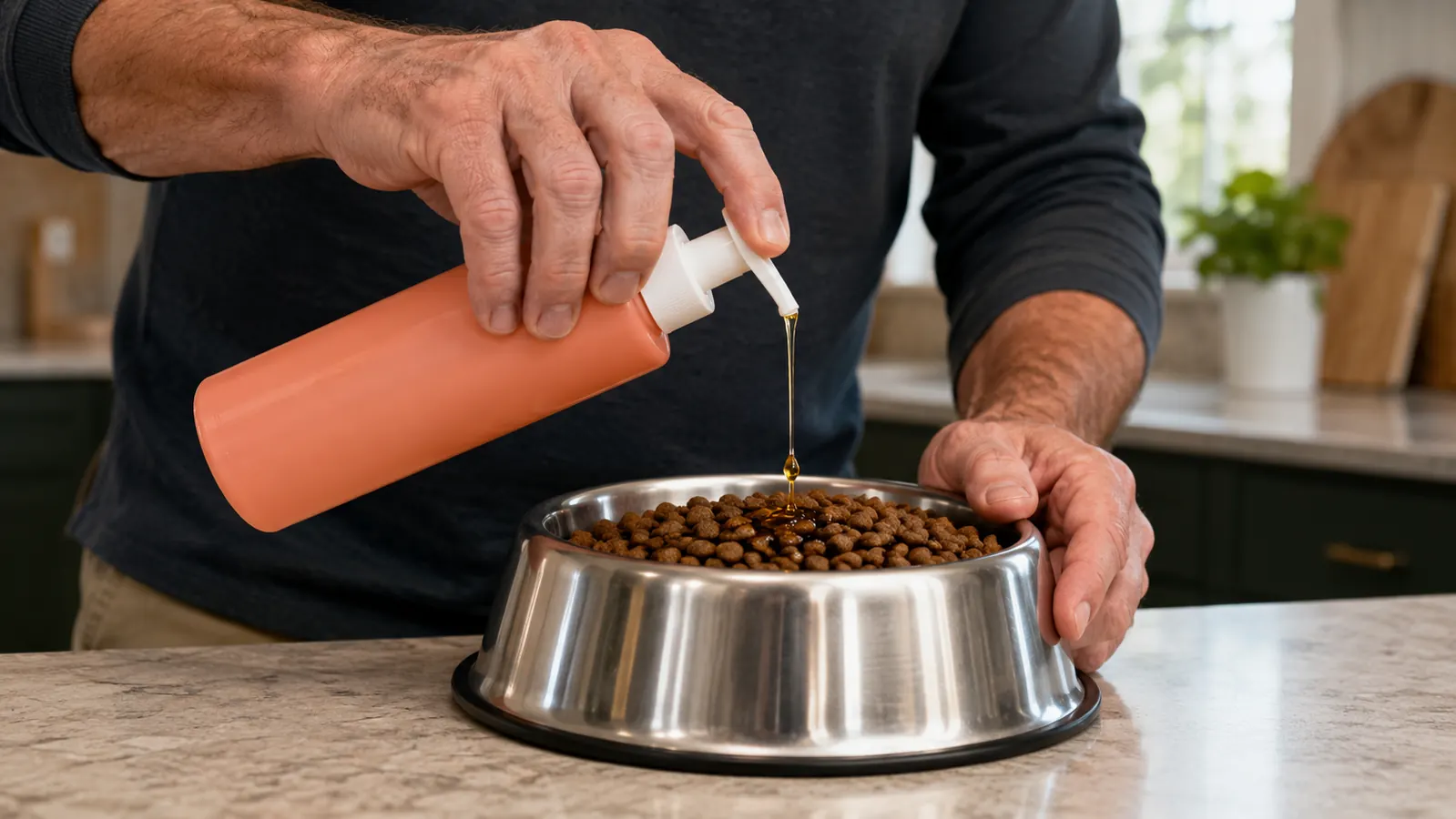 A hand pumping salmon oil supplement onto a bowl of dog food