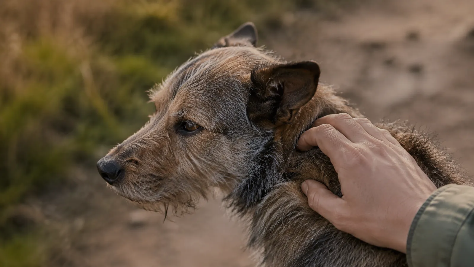 Close-up of a dog's healthy coat being petted outdoors