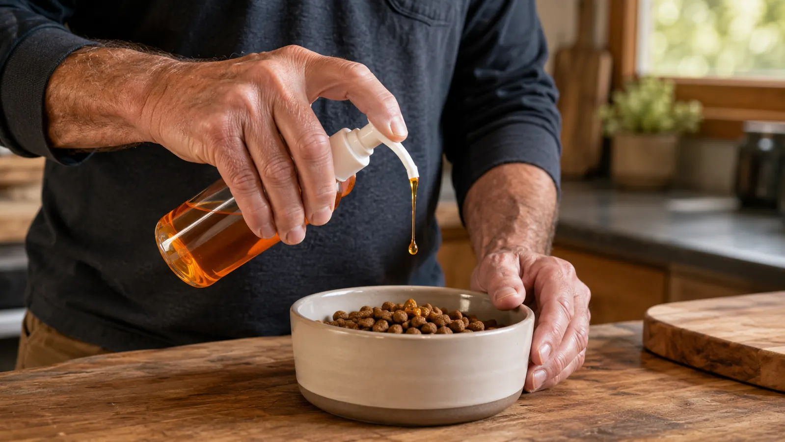 A hand pumping salmon oil supplement onto kibble in a dog bowl