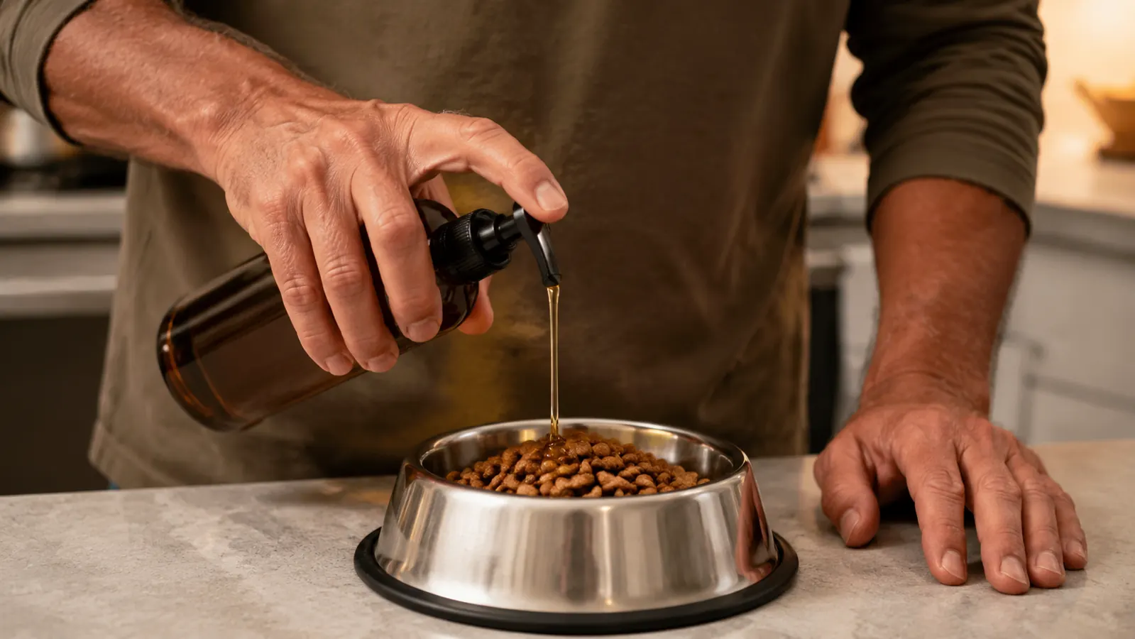 A hand using a pump bottle to add oil onto a bowl of dry dog food on a kitchen counter