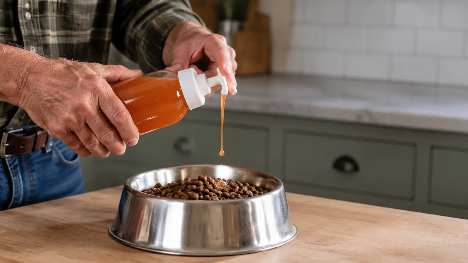 A hand pumping salmon oil onto a bowl of dry dog food.